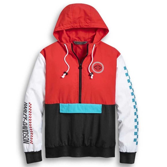 Harley-Davidson Other - Harley-Davidson Mens Colorblock Anorak Windbreaker Jacket Red Black White Size M